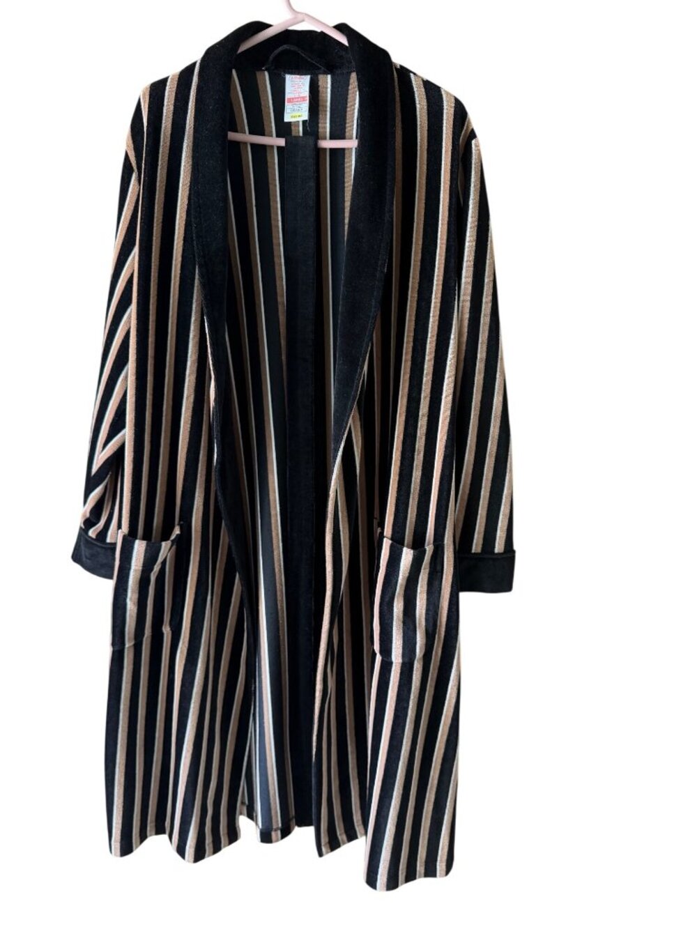 St. Michael Mens Striped Velour Feel Self Wrap Robe Size Large Black Tan Vintage - Picture 3 of 8